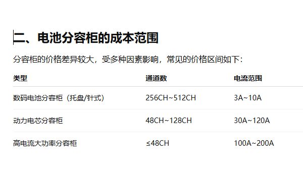 电池分容柜的硬件特点是什么？成本是多少